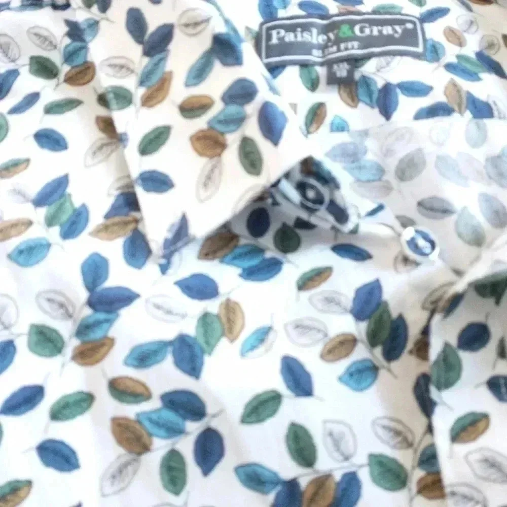 Men's Paisley & Gray Button Down Shirt with Leaves Size 19 XXL Slim Fit - Picture 4 of 8